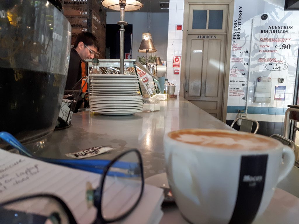 a day in the life of a writer in Spain cafe in madrid spain with coffee cup and glasses