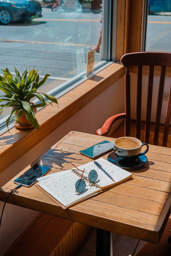 notebook coffee pencil sunglasses in cafe for writers connect newsletter issue 42