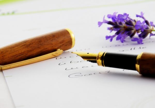 fountain pen and mauve flowers